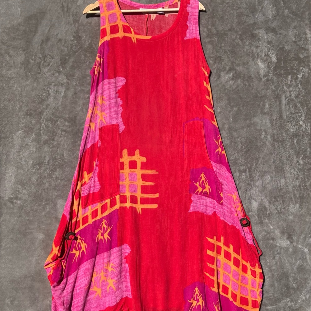 Vasna Red and Pink Sleeveless boho Dress size M with pockets summer vacation